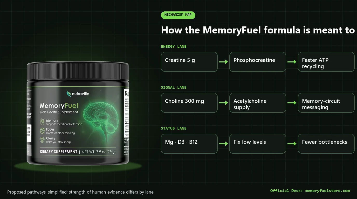 MemoryFuel jar beside a mechanism map with three lanes: creatine to phosphocreatine to ATP recycling, choline to acetylcholine, and magnesium, D3 and B12 fixing low levels
