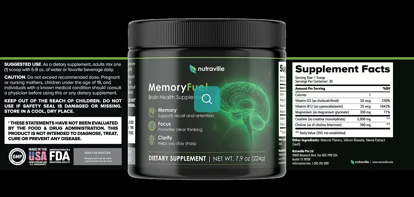 Full wraparound MemoryFuel label showing suggested use, cautions, front panel and Supplement Facts